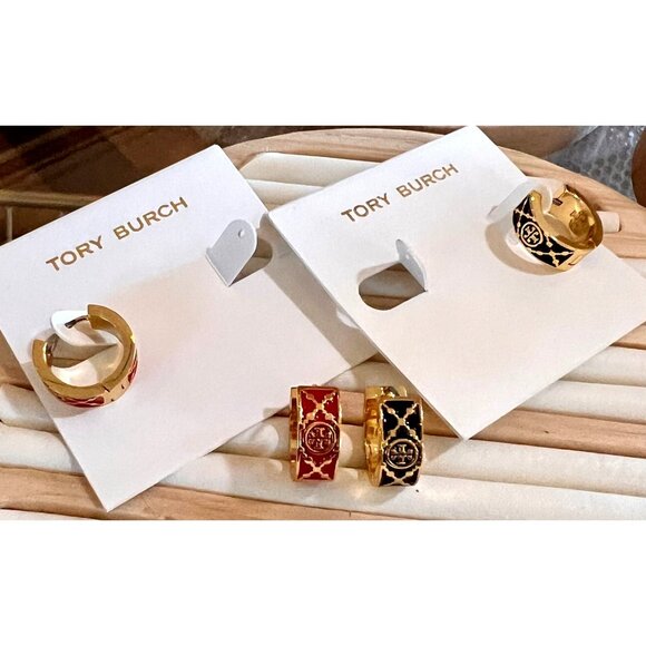 SET OF TWO - Tory Burch Red and Gold and Black and Gold Monogram Huggies - Picture 3 of 8